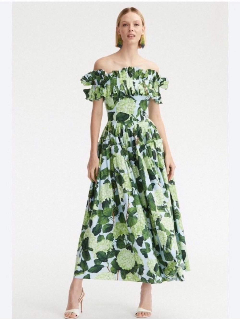 ❤️ SUNFERE ❤️ GORGEOUS FLORAL RUFFLES WITH Off SHOULDER GREEN MAXI DRESS .
